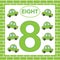 Educational card number 8 eight with cars. Learning numbers, mathematics