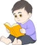 educational cartoon doodle illustration, chubby toddler boy is sitting reading a knowledge book with a happy face