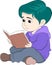 educational cartoon doodle illustration, toddler boy is sitting reading a knowledge book with a happy face