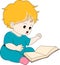 educational cartoon doodle illustration, toddler boy is sitting reading a story book