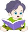 educational cartoon doodle illustration, toddler boy is sitting reading a story book with an excited face