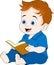 educational cartoon doodle illustration, toddler boy is sitting reading a story book before going to bed