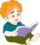 educational cartoon doodle illustration, toddler boy is sitting reading a story book with a happy face