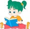 educational cartoon doodle illustration, toddler girl is sitting reading a story book happily and calmly