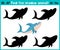 Educational children cartoon game for children of preschool age. Find the right shade cute sea sharks. Vector