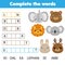 Educational children game. Complete the words kids activity. Animals theme. Learning vocabulary