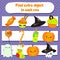 Educational children game for kids and toddlers. What does not fit logic game. Find odd one, extra object. Halloween theme