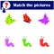 Educational children game. Match by color. Find pairs of butterflies and caterpillars