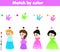 Educational children game. Match by color. Kids activity with cartoon princess