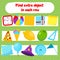 Educational children game. What does not fit logic game. Find odd one, extra object fun page for kids and toddlers