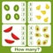 Educational counting math game for preschool children on the theme of fruits. Count the number