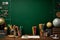 Educational essentials neatly arranged on a green school board, copy space