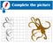 Educational game for children. Copy the picture. Cute swimming brown octopus. Coloring book