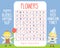 Educational game for children. Word search puzzle. Learn names of flowers for kids and toddlers