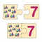 Educational game for kids. Find right picture for number. Puzzle with number seven and toys trains. Puzzle Game, Mosaic