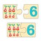 Educational game for kids. Find right picture for number. Puzzle with number six and toys soft rabbit. Puzzle Game