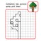 Educational game for kids. Simple exercise. Tree. Drawing using grid.