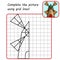 Educational game for kids. Simple exercise. Windmill. Drawing using grid. Symmetrical drawing.