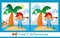 Educational game, puzzle for children. Find 7 differences. Cute pirate on desert island. Ocean, palm tree, nature