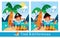 Educational game, puzzle for children. Find 8 differences. Cute pirate on desert island. Ocean, palm tree, nature