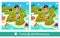 Educational game, puzzle for children. Find 9 differences. Cute pirate on desert island. Ocean, palm tree, nature