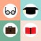 Educational icons; glasses, briefcase, graduation cap and book