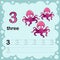 Educational illustration to learn how to count and write a number three. Worksheet for kindergarten and preschool. Octopus