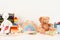 Educational kids toys collection. Teddy bear, white bunny, wood train, abacus, rainbow, wooden educational baby toys on