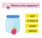 Educational material for kids. Learning prepositions. Where is the raspberry