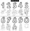 Educational numbers set with Christmas characters coloring book page