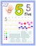 Educational page for kids with number 5. Paint the picture. Printable worksheet for children textbook. Developing counting.