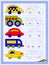 Educational page for kids. Printable worksheet on square paper for children. Draw and paint the cars by example.