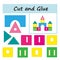 Educational paper game for kids. Cut parts of the image and glue on the paper. DIY worksheet. Cartoon palace