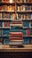 Educational setting, library bookshelf, back to school, stack of books