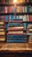 Educational setting, library bookshelf, back to school, stack of books