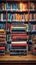 Educational setting, library bookshelf, back to school, stack of books