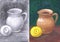Educational still life `Clay Jug and Yellow Apple`. Drawing and painting