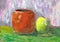Educational still life  `Clay keg and yellow apple.` Painting