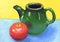 Educational still life `Kettle and apple.` Painting