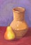 Educational still life `Krynka and Pear.` Painting