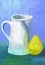 Educational still life `White jug and pear.` Painting