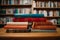 Educational tableau stacked books, blurred library bookshelves, study ambiance