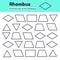 Educational worksheet for kids kindergarten, preschool and school age. Geometric shapes. Rhombus, parallelogram