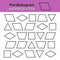 Educational worksheet for kids kindergarten, preschool and school age. Geometric shapes. Rhombus, parallelogram, triangle, square