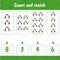 Educational worksheet for preschool kids. Count and match. Math game. Count penguins