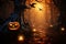 Eerie 3D rendered pumpkins in a spooky, dark forest with orange hues