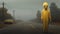 Eerie Alien Isolated On Road: Dark Yellow And Gray Illustration