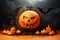 Eerie allure 3D illustration combines Halloween, cloudy smoke, pumpkin podium for captivating display