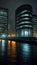 The eerie atmosphere of a fictitious dockland area at night. AI generated illustration