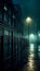 The eerie atmosphere of a fictitious dockland area at night. AI generated illustration